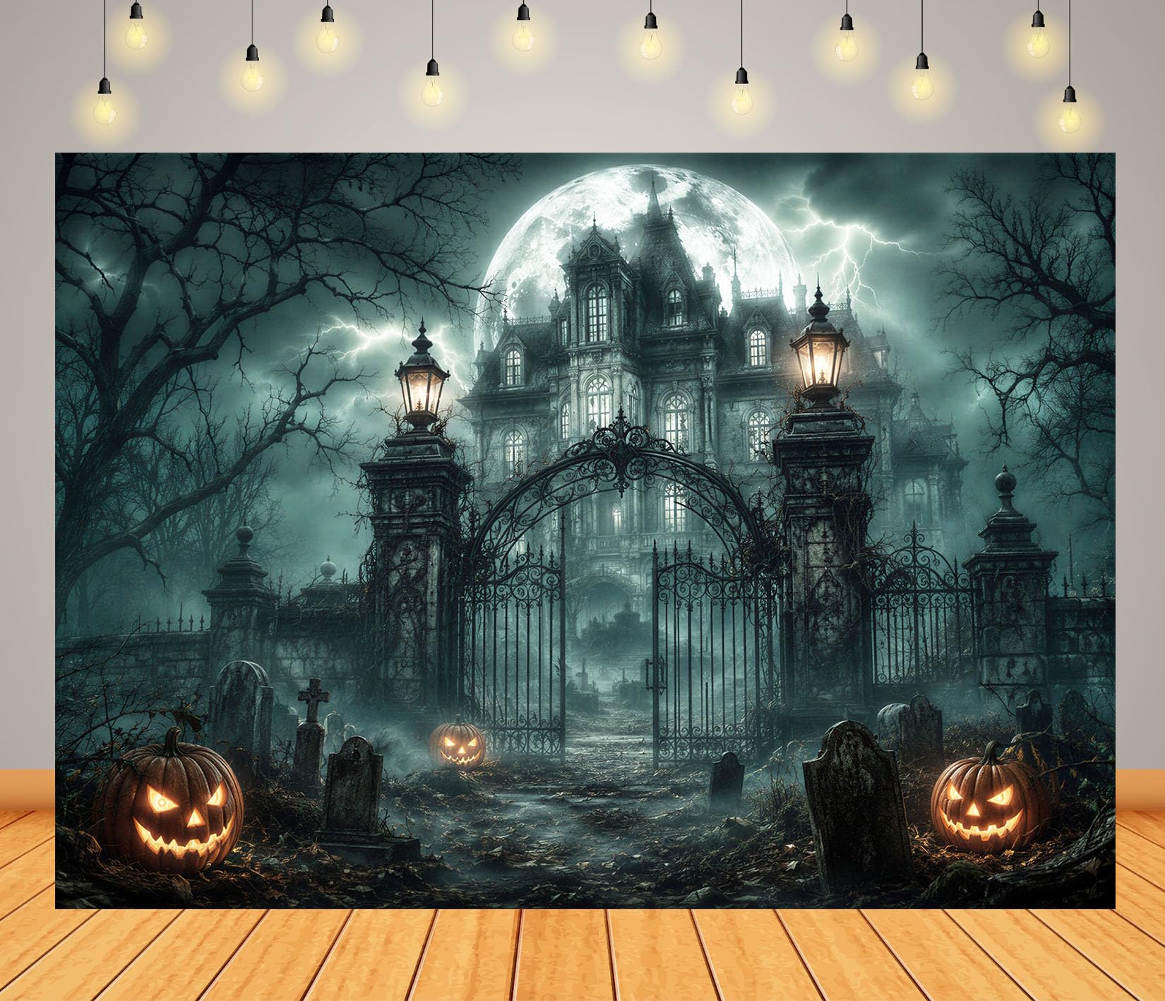 BELECO 5.2x3m Tessuto Sfondo Halloween Villa Infestata Cimitero | Casa Infestata Spaventosa Zucca Lapide Fulmine Luna Piena Sfondo Festa Orrore Telo Di Sfondo