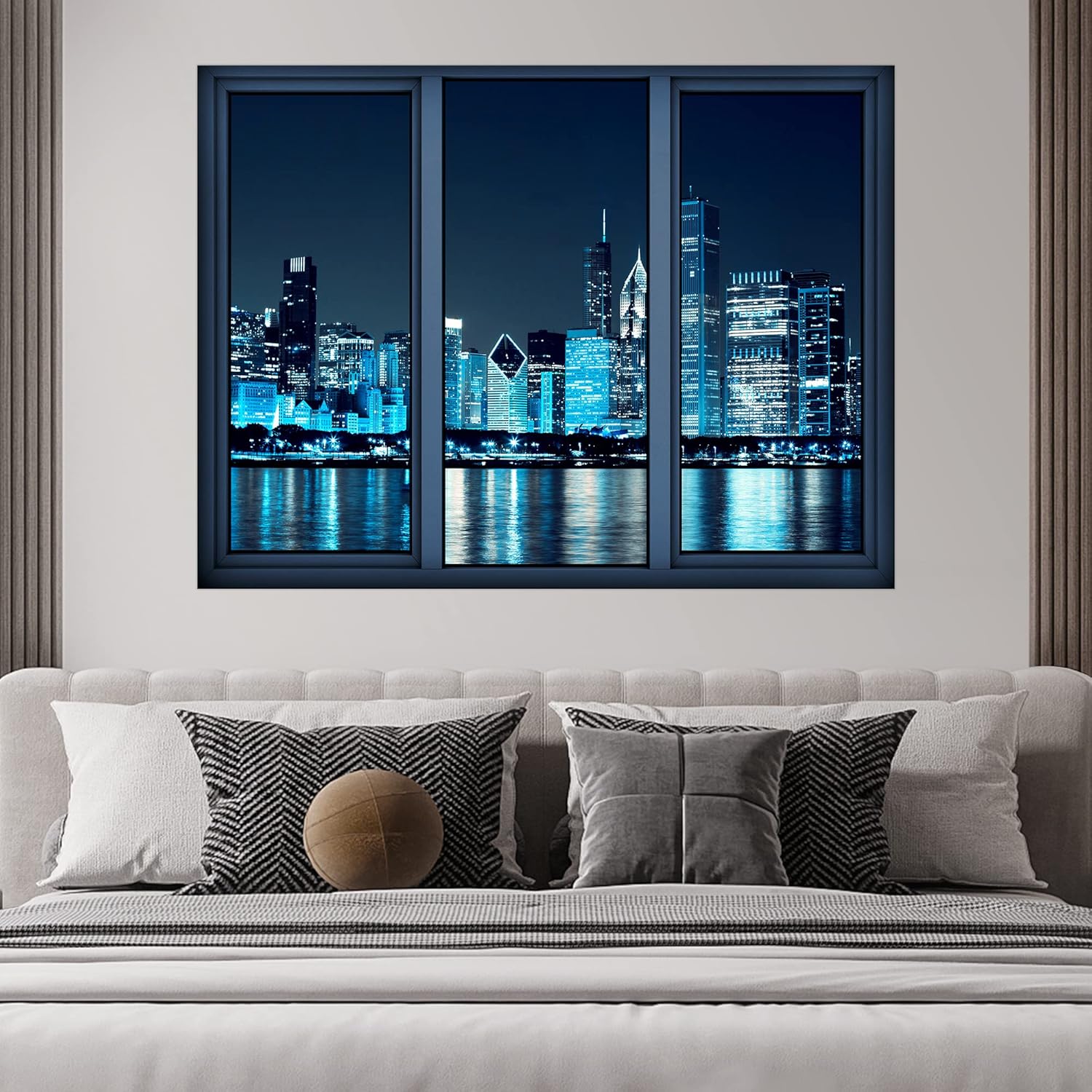 SIGNWIN Removable Wall Sticker/Wall Mural Window View Neon Blue Futuristic Cityscape Nature Wilderness Photography Realism Decorative Landscape Digital Art for Living Room, Bedroom, Office - 36"x48"