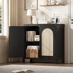 GarveeHome Rattan Sideboard Buffet Cabinets with Storage, Farmhouse Kitchen Accent Storage Cabinet, Boho Wooden Coffee Bar Cabinet for Dining Room, Living Room, Hallway, Black