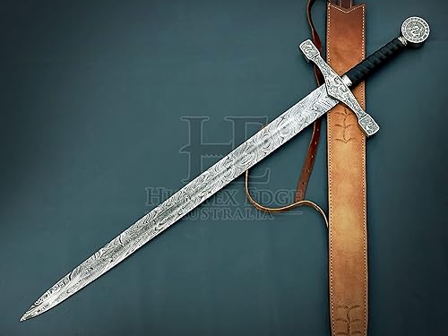 Miniatura 2 de HUNTEX - Réplica de espada medieval de acero de Damasco legendaria exclusiva Excalibur de 37 pulgadas de largo, navaja afilada con vaina de cuero