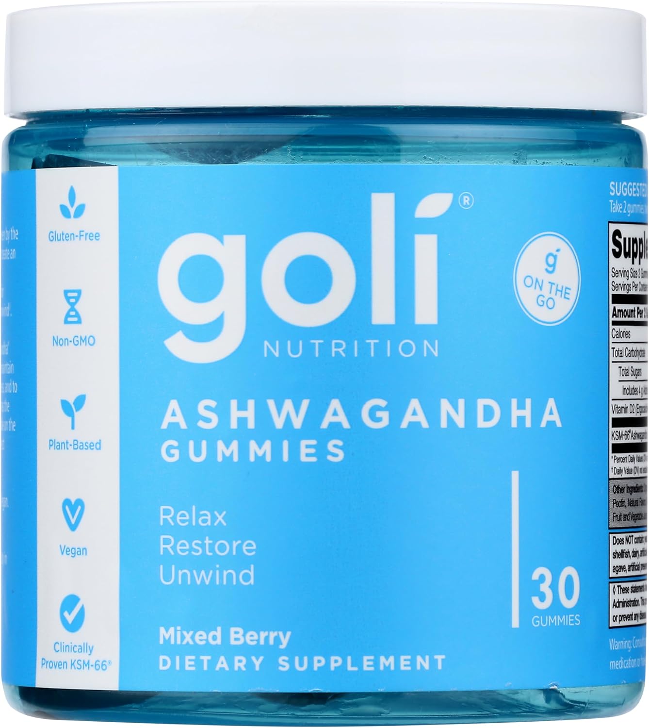 Goli Ashwagandha KSM-66 Gummies | Stress, Sleep & Mood Support | Mixed Berry | Vitamin D, Vegan, Plant Based, Non-GMO, Gluten Free, Gelatin Free | Relax. Restore. Unwind. | Goli On The Go, 30 Gummies