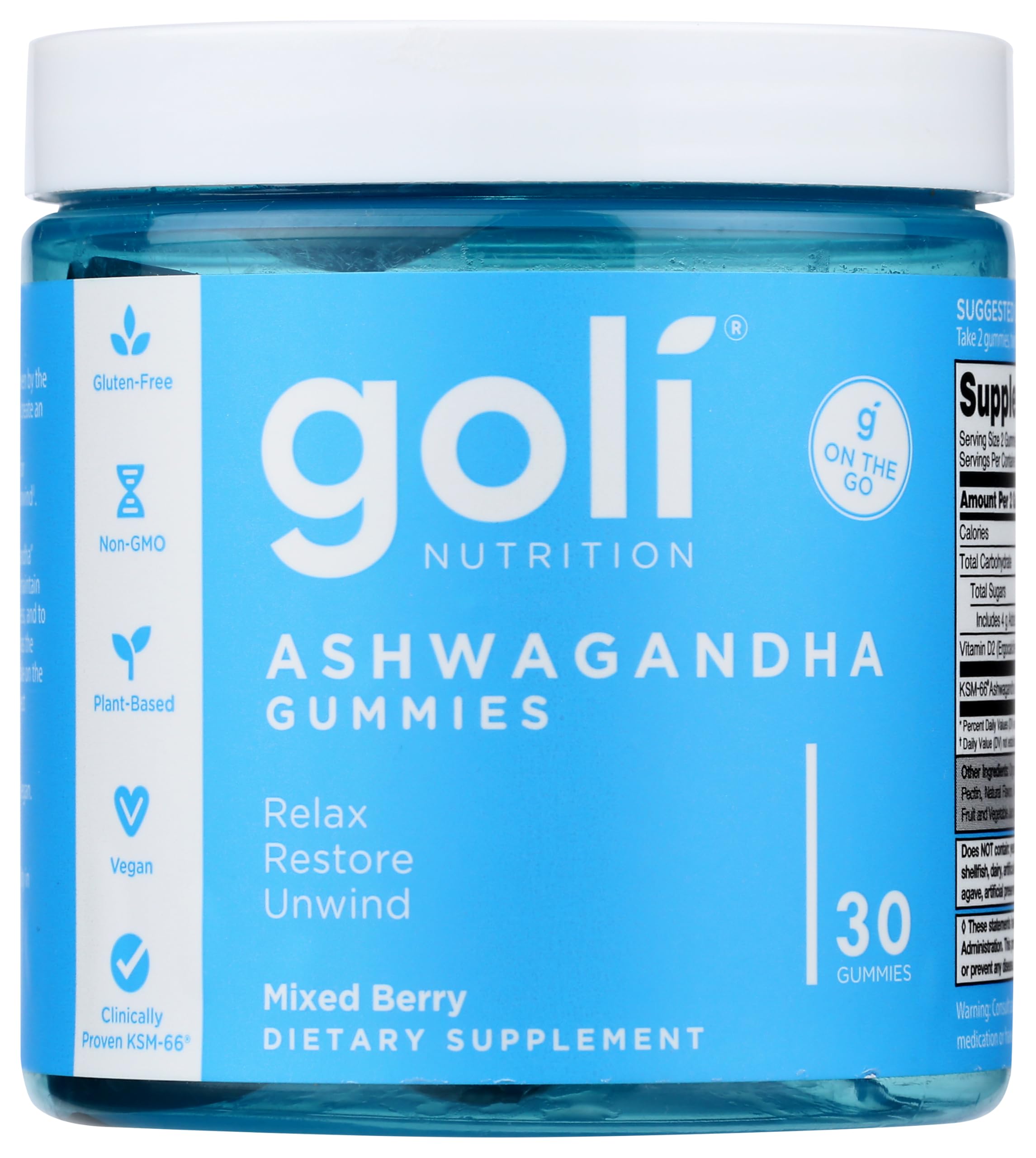 Goli Ashwagandha KSM-66 Gummies | Stress, Sleep & Mood Support | Mixed Berry | Vitamin D, Vegan, Plant Based, Non-GMO, Gluten Free, Gelatin Free | Relax. Restore. Unwind. | Goli On The Go, 30 Gummies