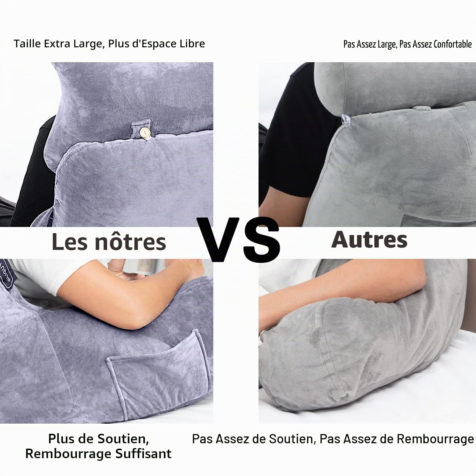 Coussin de lecture extra large de 78,7 cm avec rouleau de cou et accoudoirs amovibles pour s'asseoir dans le lit ou le canapé, coussin de lecture pour adulte, pour lire, regarder la télévision, jouer