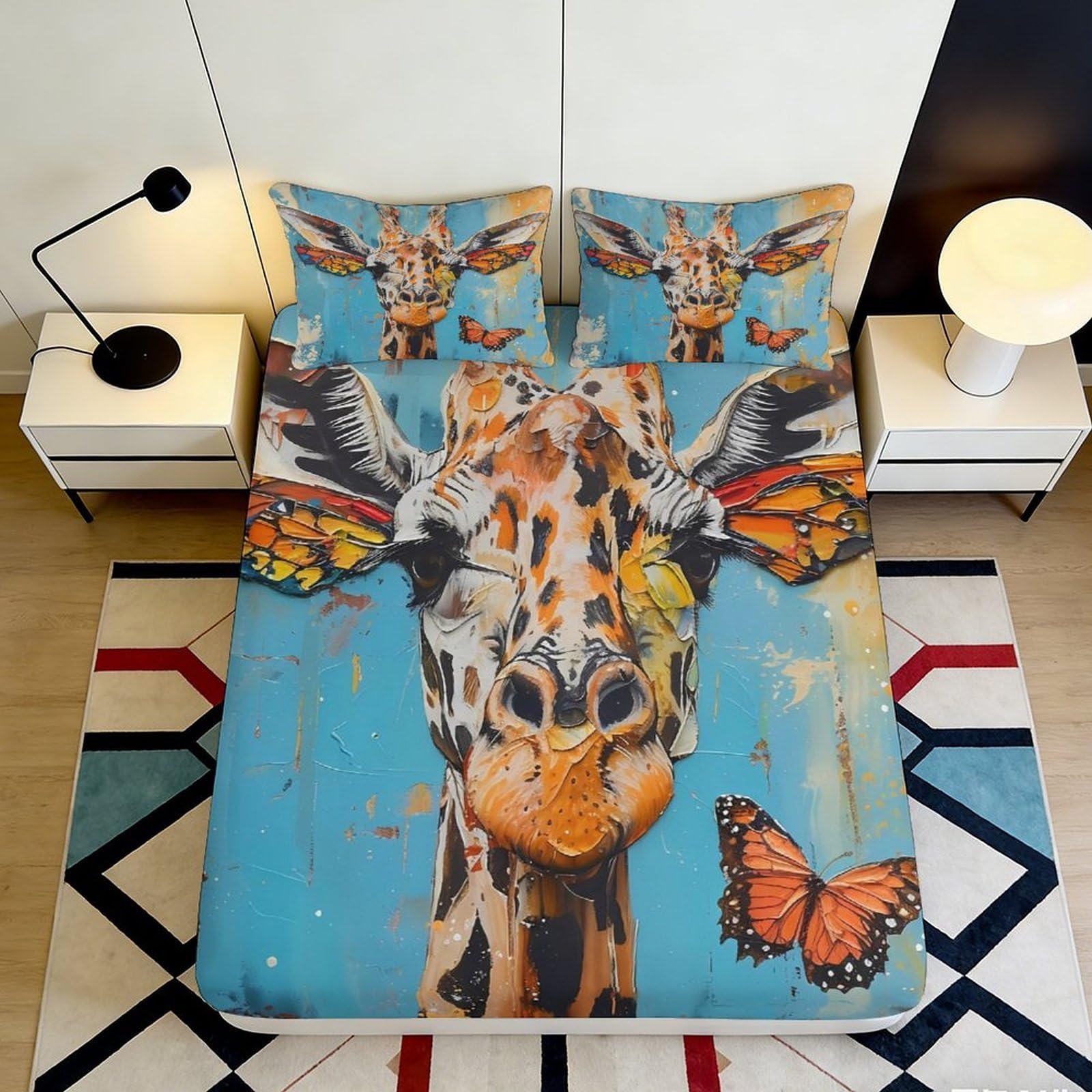 3D Printed Colorful Giraffe Fitted Sheet Microfiber Soft Breathable Butterfly Bed Cover for Bedroom Dormitory Guest Room Mattress Protection Decor 180x200x25cm