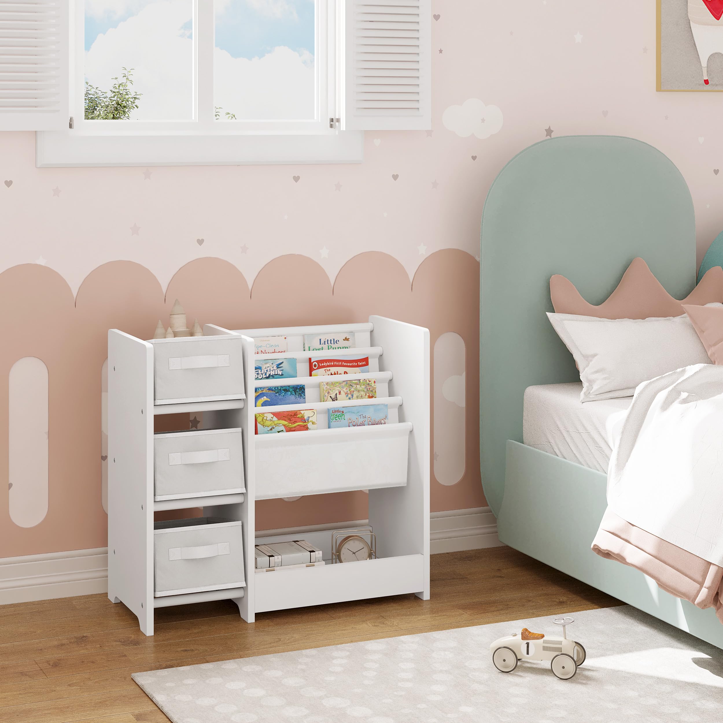 Lestarain Étagère de Rangement pour Jouets et Livres, Bibliothèque pour Enfants avec 3 Boîtes Amovibles en Tissu Non-Tissé, Meuble Montessiri en Bois MDF, 4 Casiers Suspendus, 1 Compartiment, Blanc