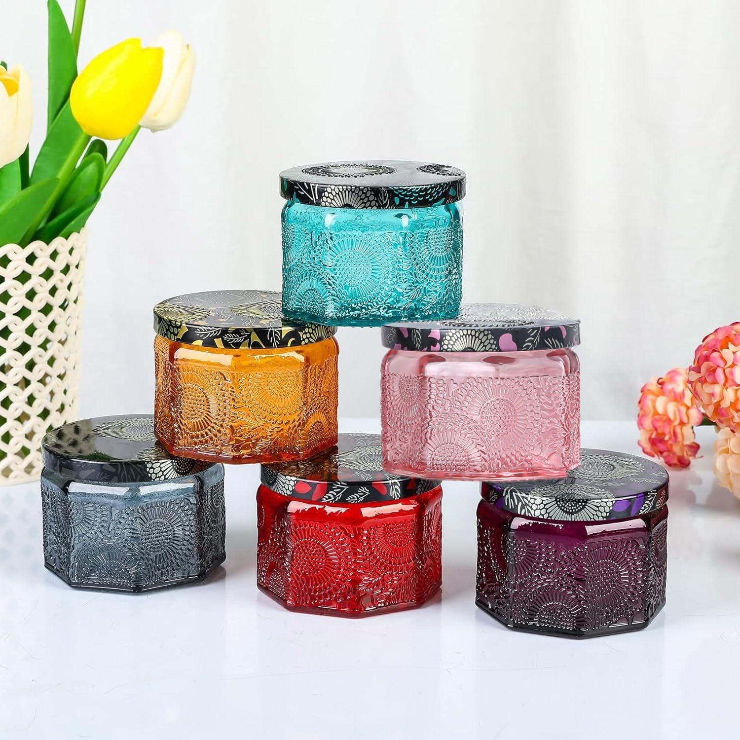 HPGJLEE 6 Packs Colorful Tea Light Candle Holders, Reusable Glass Jars for Candle Making, Votive Candle Holder with Lid, Wedding Party Home Decor