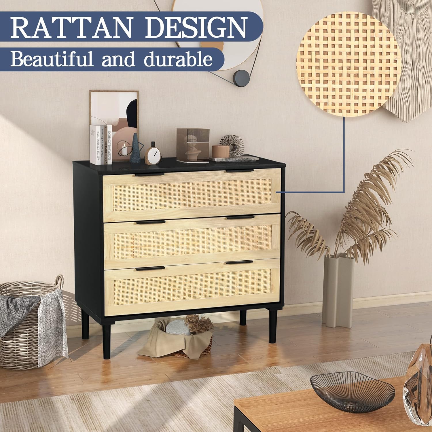 Black and Natural Wood Mid-century Modern Rattan 3-Drawer Dresser