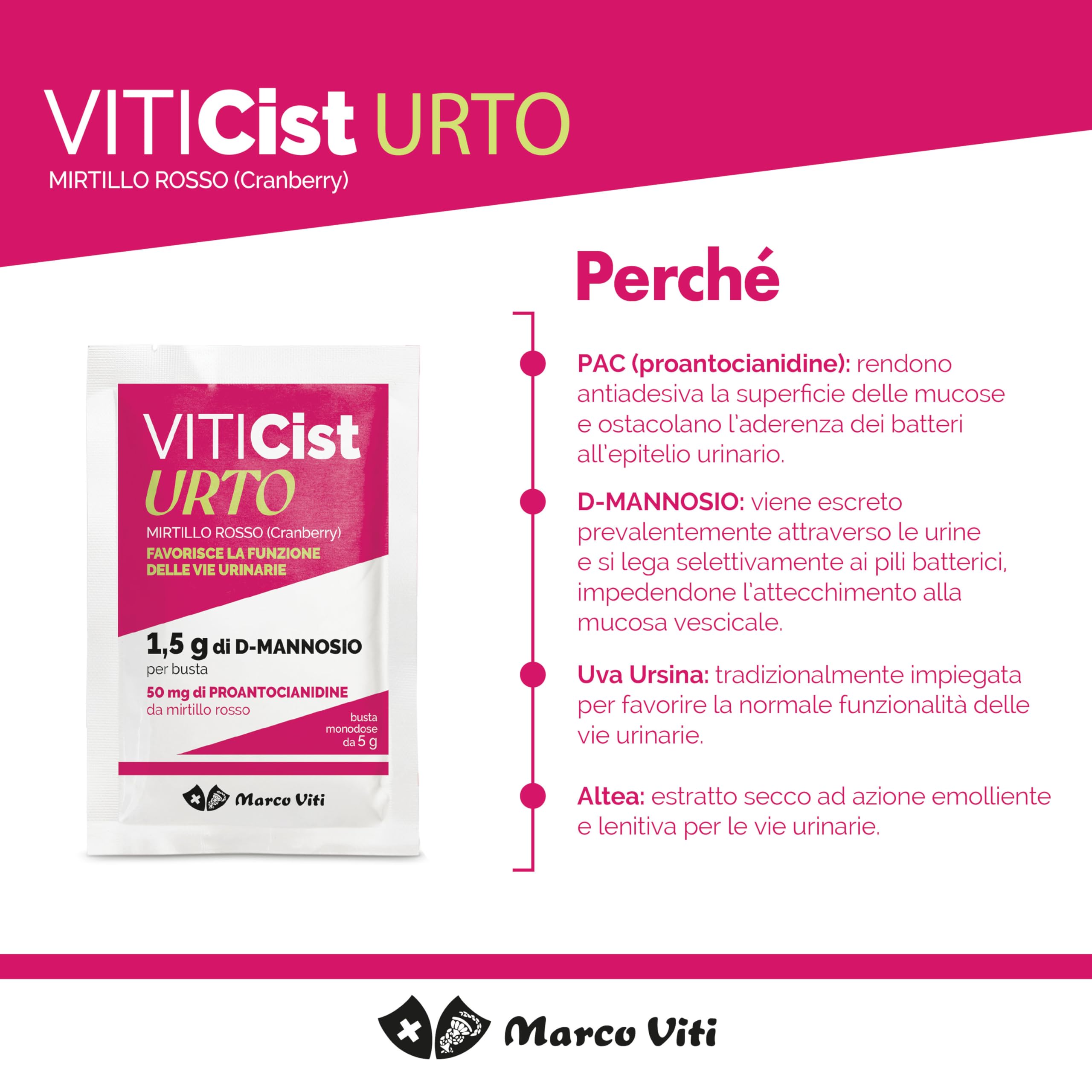 Marco Viti Viticist Urto, 10 Bustine da 3,5 g, Integratore con Cranberry, Uva Ursina, Altea e 1,5 g D-Mannosio, Supporto Vie Urinarie, Senza Glutine, Lattosio e Zuccheri