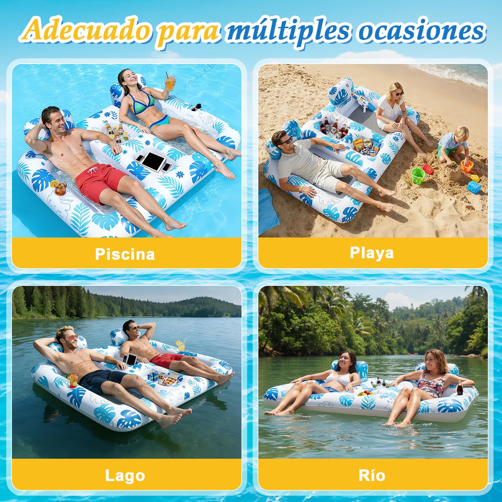JONRRYIN Colchoneta Piscina Adultos, Colchoneta Playa Grande, Tanning Pool 2 Personas con Portavasos y Barra de Hielo, Piscina Flotadores Adultos 200×120CM para Playa Fiestas Verano