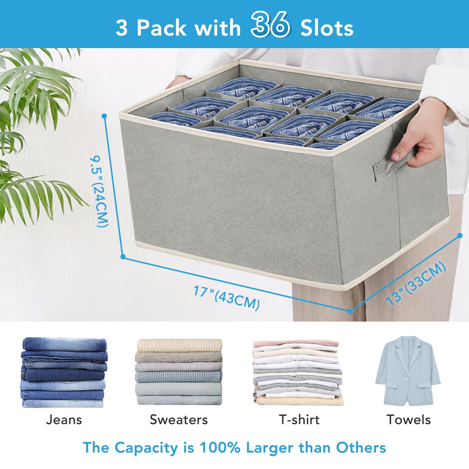 Lot de 3 organiseurs empilables à 12 compartiments pour pantalons, vêtements, jeans, pulls, t-shirts, robes, pour armoire, placard, tiroir de rangement, gris