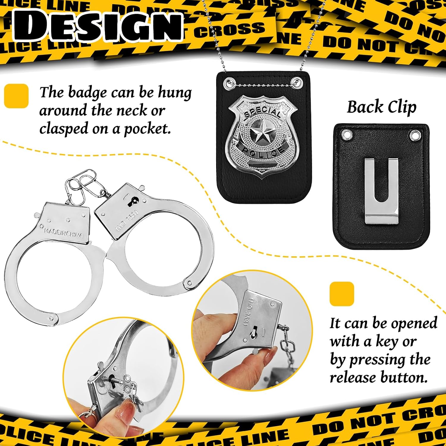 4 Pcs Police Costume Accessories for Adults – Cop Cosplay Set with Badge, Handcuffs, Sunglasses & Earpiece for Halloween, Role Play, and Theme Parties