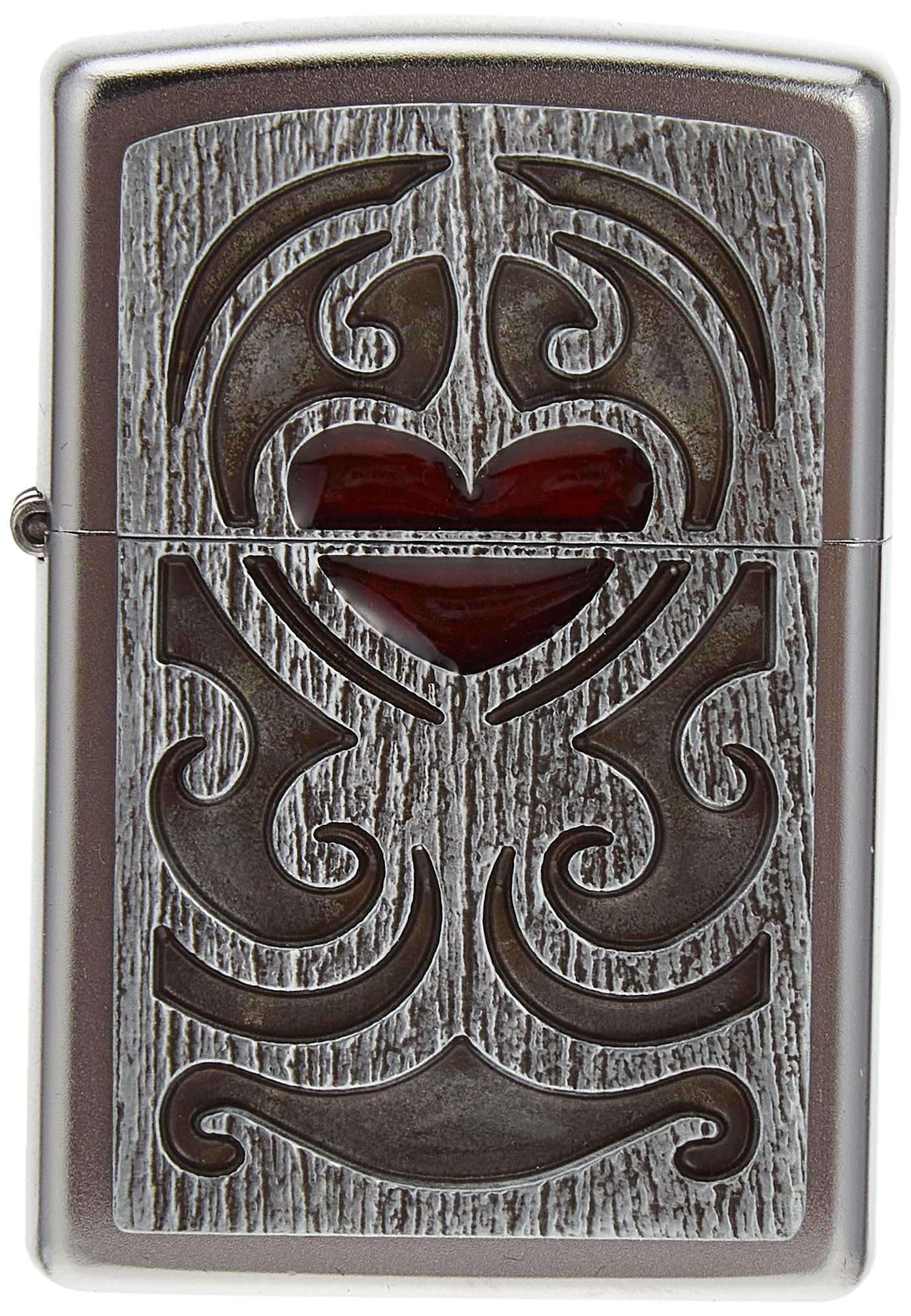 Classic Lighter Pl205 Wood Carving Heart Emblem Design Windproof Satin Chrome Silver, One Size 2005107