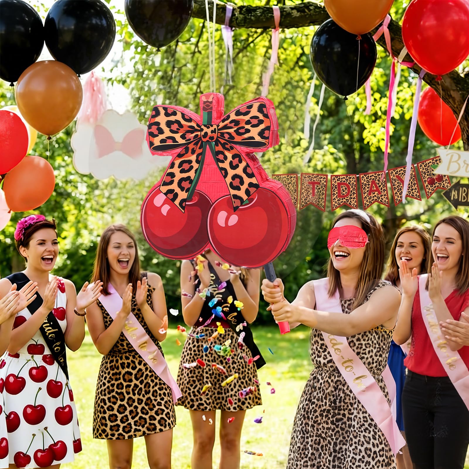 VioraWhite Juego de piñata con estampado de leopardo y cereza, juego de piñata con palo de golpear los ojos vendados, estampado de guepardo, rojo y negro, decoración temática de fiesta para despedida