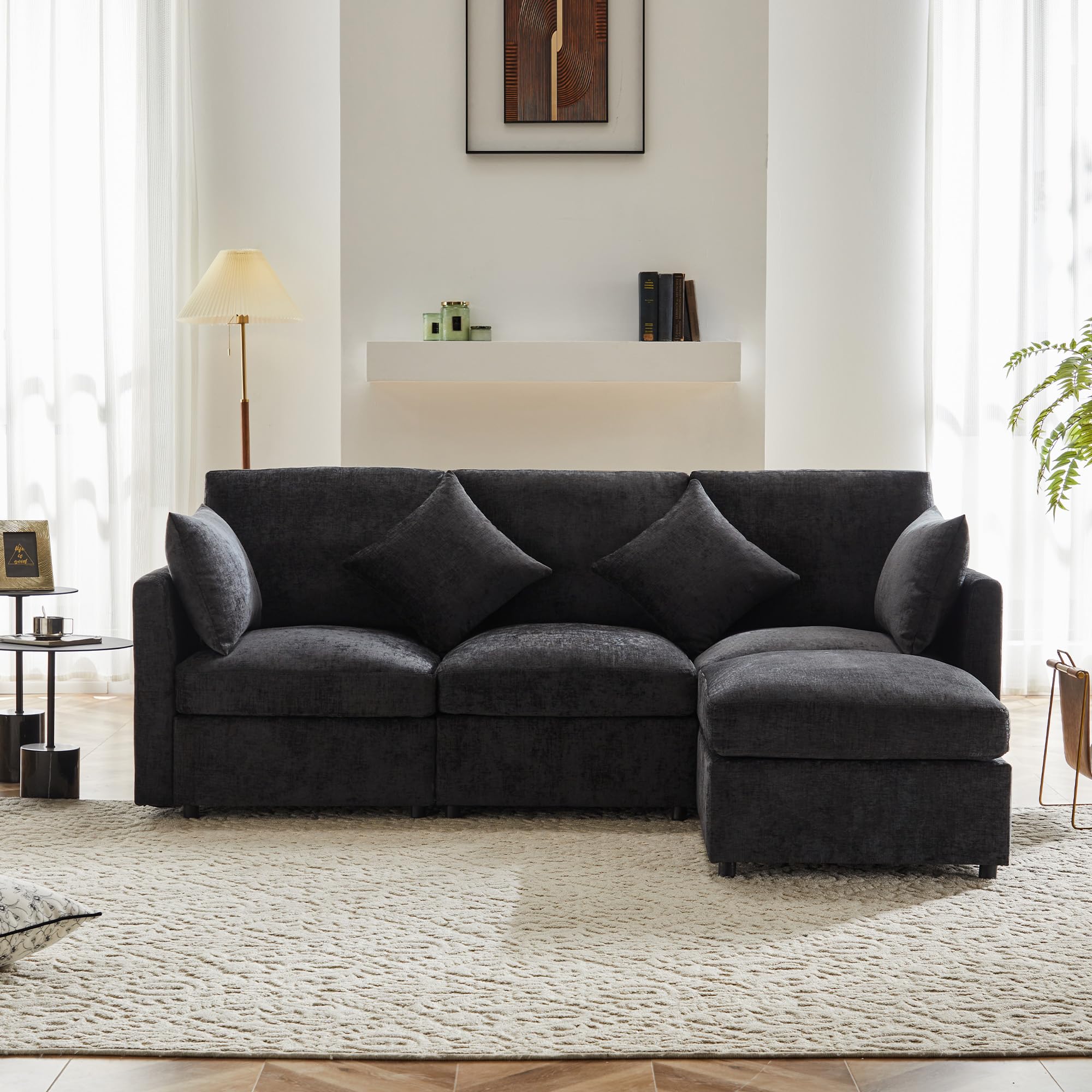 Sofá moderno modular de tela de felpilla, sofá cama de 3 plazas, de 4 plazas, sofá esquinero en forma de L con reposapiés, sofás con chaise longue, 216 x 161 x 81 cm (gris)