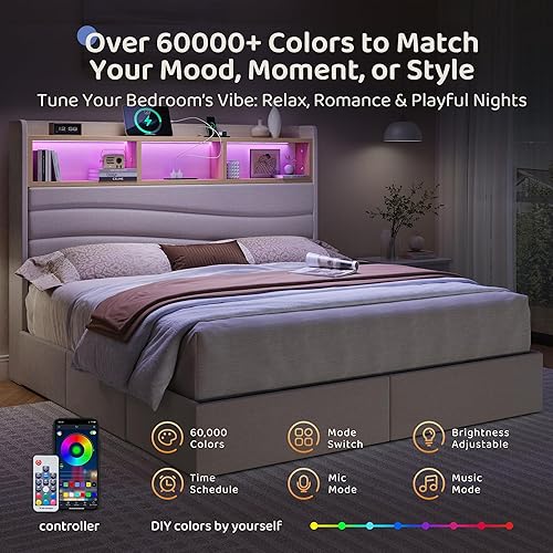 Miniatura 4 de Base de cama tamaño Queen con 6 cajones de almacenamiento, plataforma tapizada de lino con estación de carga y luces LED, diseño de cabecera en