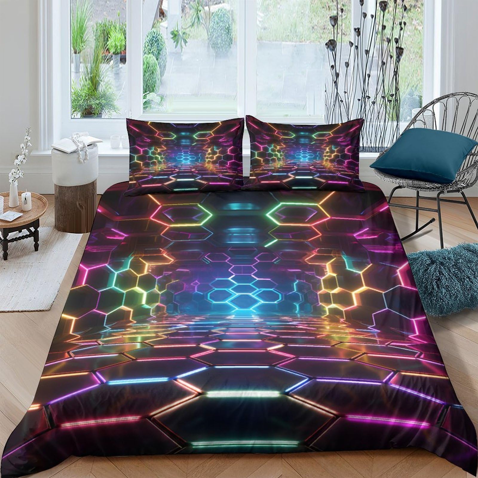 Ctjqhvkz Style-7 3D Printed Neon Hexagon Fitted Sheet Microfiber Soft Bedroom Decor Futuristic Grid Bed Cover Mattress Protector Single（135X200cm）