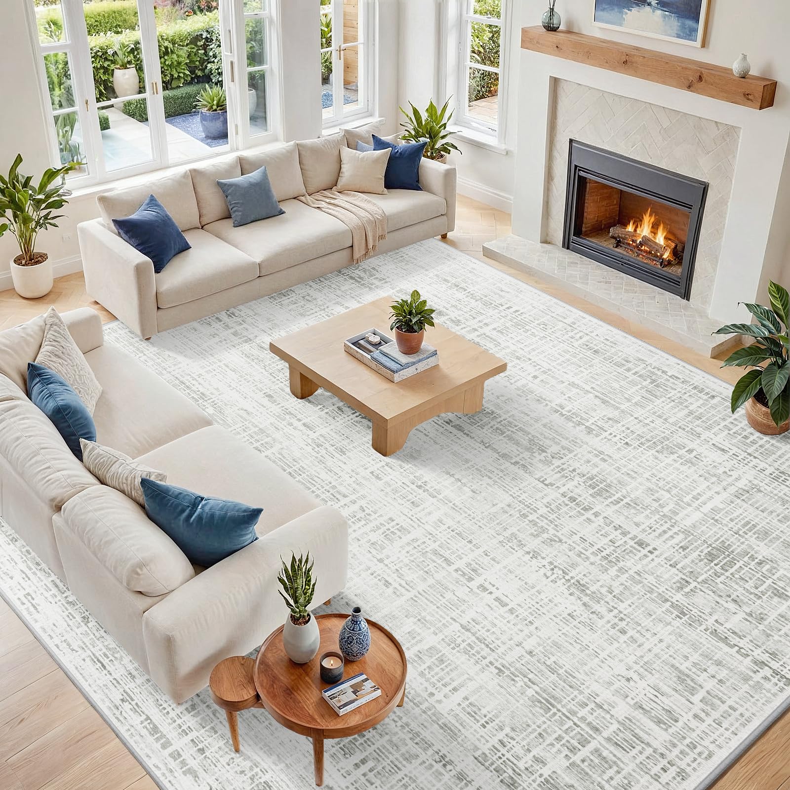 View 1 of 10x12 Washable Area Rug for Living Room Bedroom: Non-Slip Modern White Gray