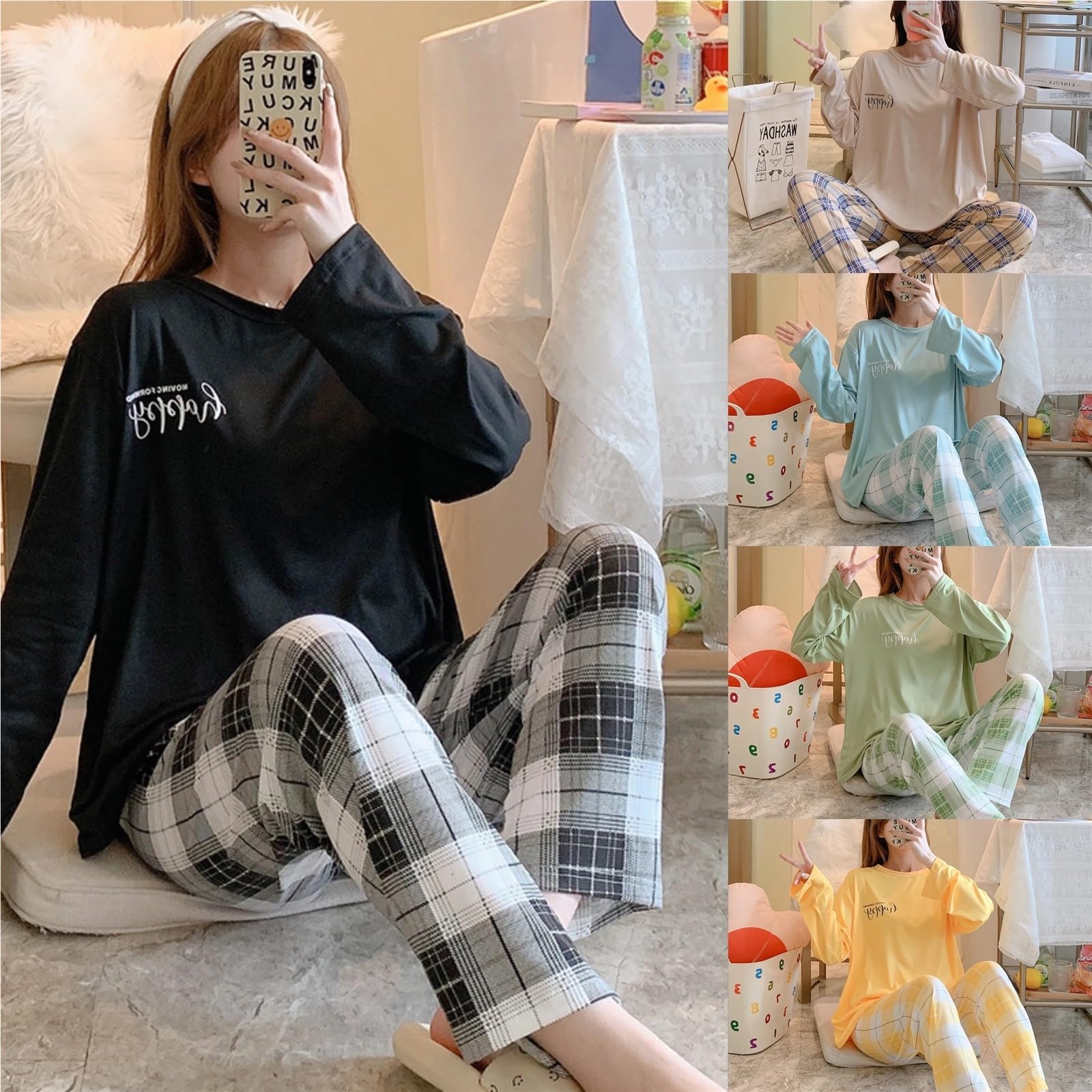 Women's Two-Piece Pajamas Set, Spring and Autumn Homewear, Long-Sleeved Trousers Suit, Simple and Wearable Outside(Blue)