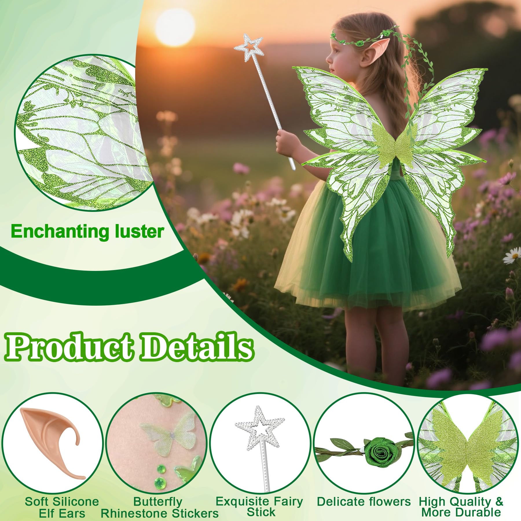 YeahBoom Children's fairy wings, butterfly wings with elf ears, fairy headband and star fairy wands, butterfly wings - Image 3