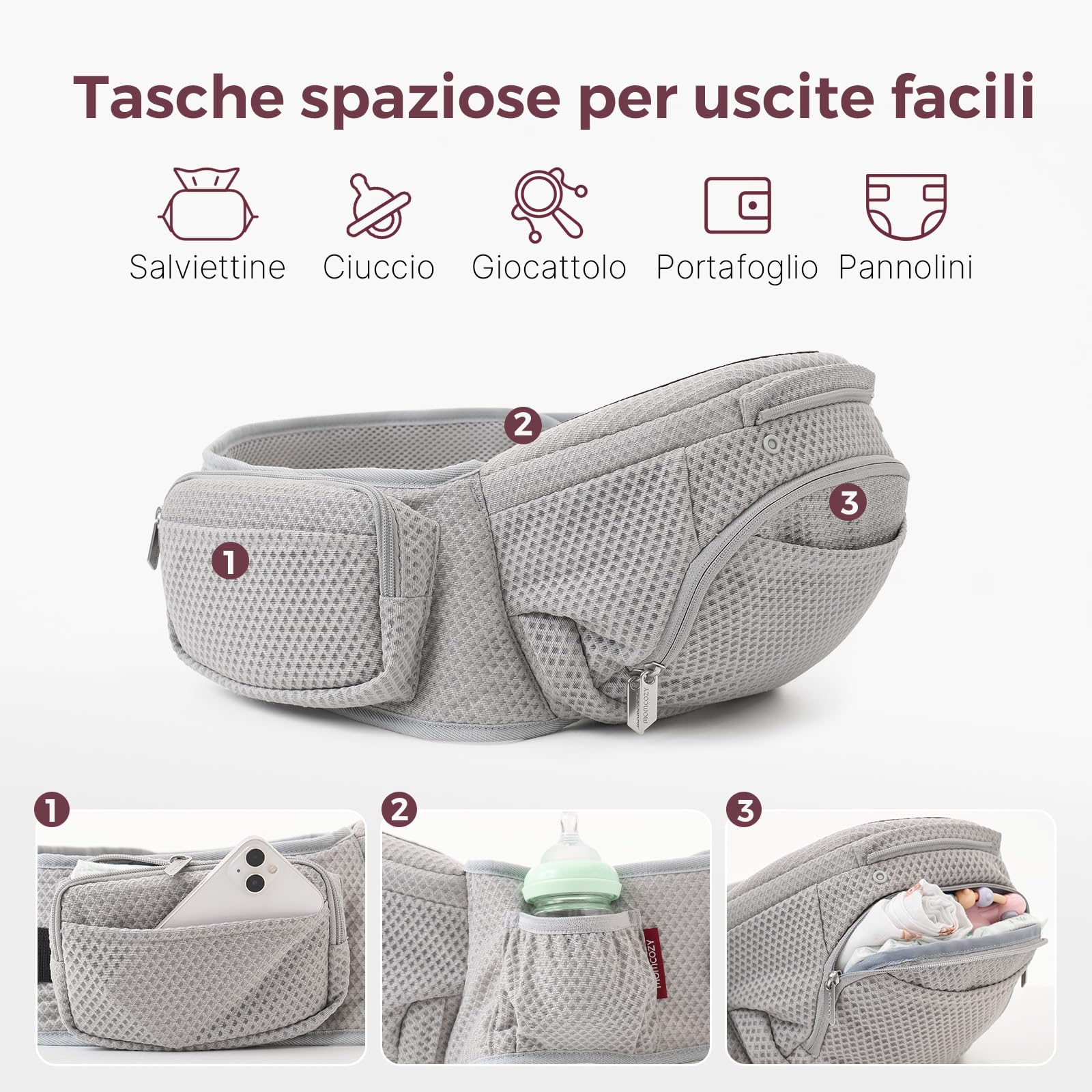 Momcozy Marsupio Neonato con Sede Anca 2 in 1, Portabebè Fronte Strada a Mani Libere fino a 20 kg, Marsupio Bambino 4 Stagioni con Cintura Regolabile fino a 115 cm,Grigio Air Mesh - 5