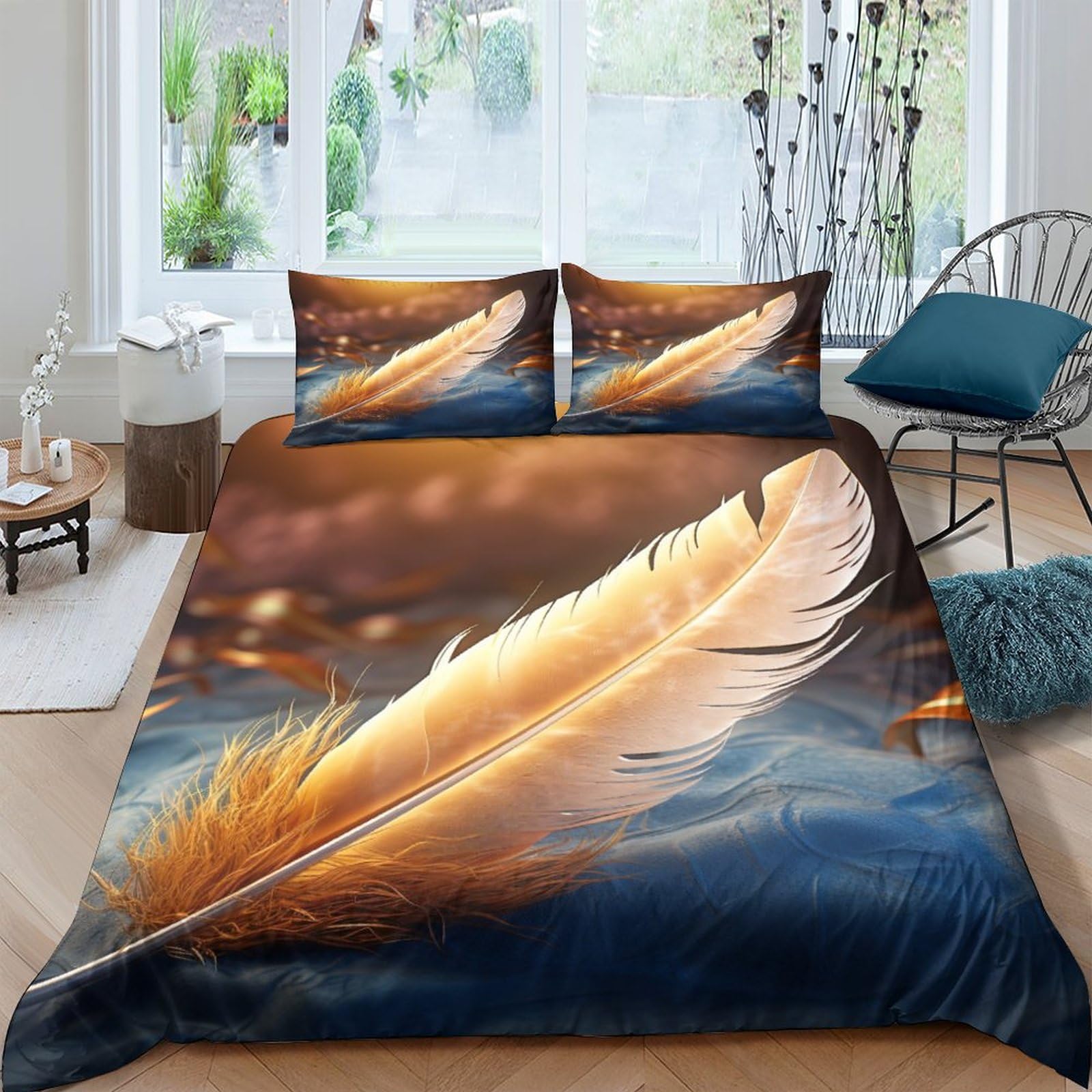BARDYS Feathers at Sunset 3D Printed Bedding Set Soft Microfiber Feathers Comforter Cover with Pillowcaser, Quilt Cover with Zipper,Duvet Cover Set Light Weight for Kids Girls，boys King（220x240cm）