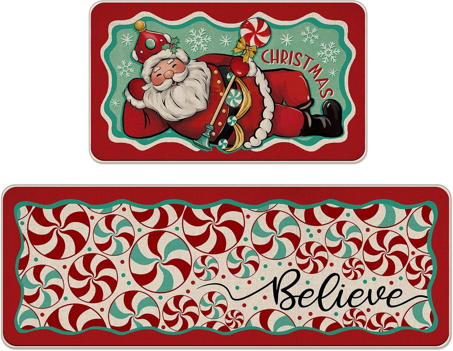 Tailus Christmas Santa Claus Kitchen Rugs Set of 2, Red