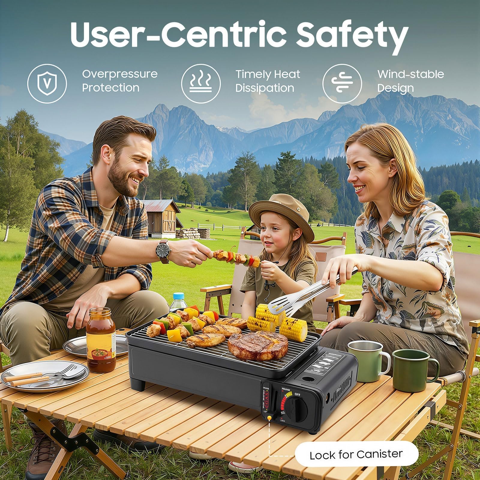 Barbecue a gas da campeggio da 2,2 kW, con valigetta e accessori | calore da 2,2 kW, fiamma regolabile e valigetta per facilitare la grigliata in campeggio, picnic, balcone e gite