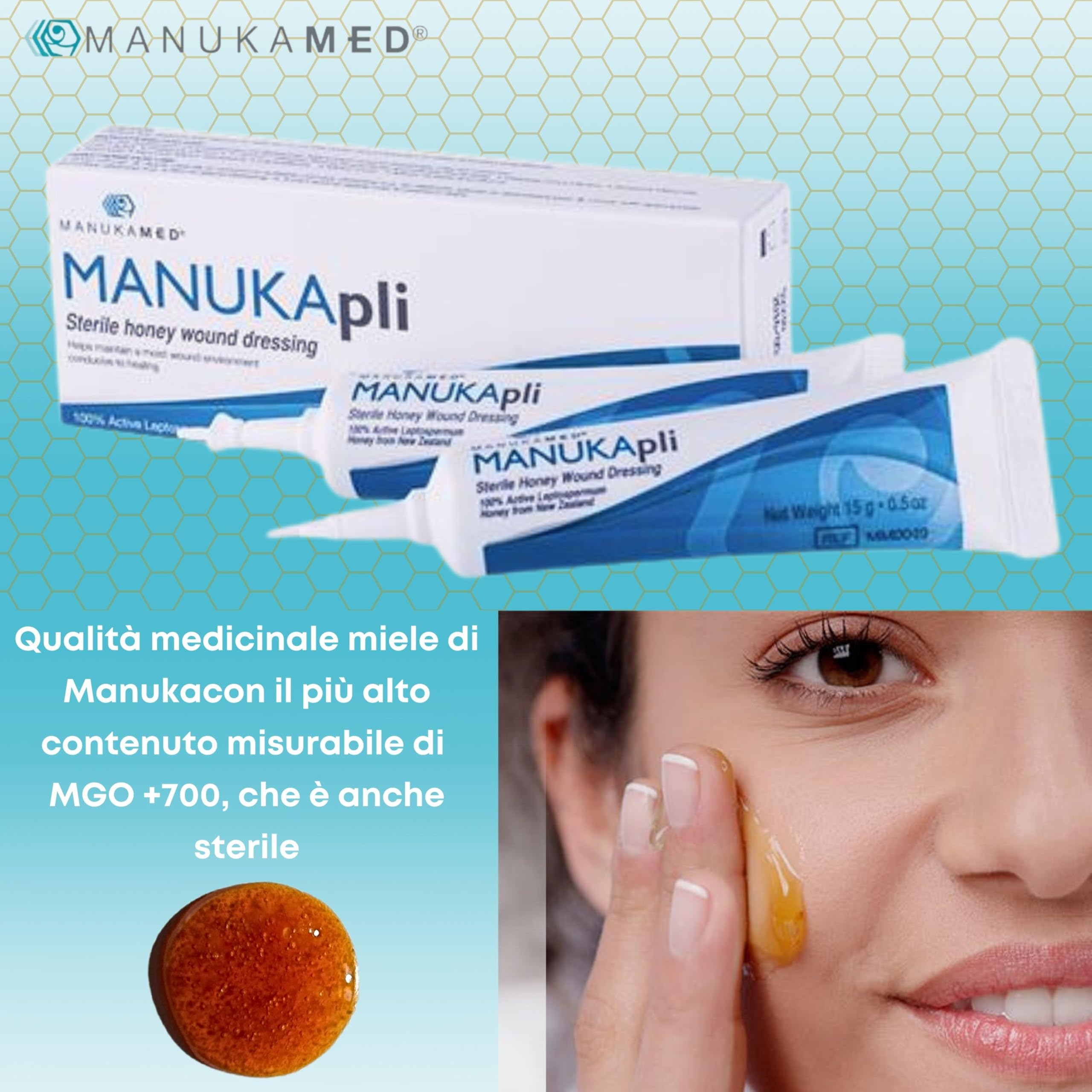 ManukaMed MANUKA, qualità medica, cura delle ferite e della pelle, miele di Manuka bioattivo al 100%, unguento per le ferite e la guarigione, STERILE MGO 560+/2x15 g