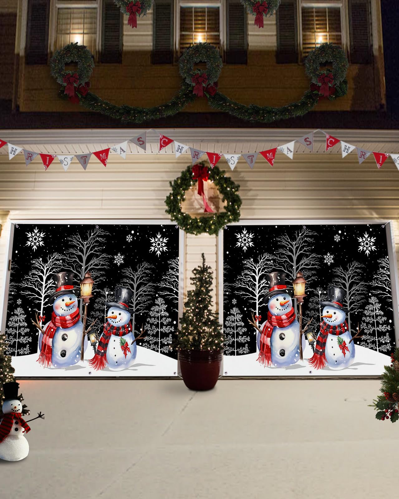 Weihnachts-Garagentor-Banner 2,1 X 4,8 M – Winterlandschaft Mit Kiefern, Wasserfest & Wiederverwendbar – Für Draußen