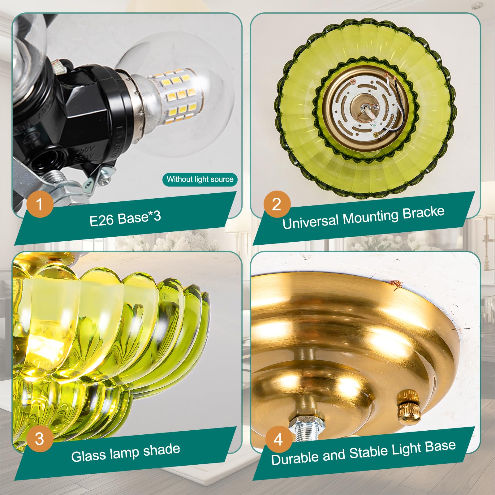 Lampa sufitowa w stylu vintage z kloszem, zielone szkło, E27, 30 cm, pół-prosta, zielona lampa sufitowa w stylu vintage, kwiaty, szkło, do sypialni, korytarza, kuchni, jadalni, salonu