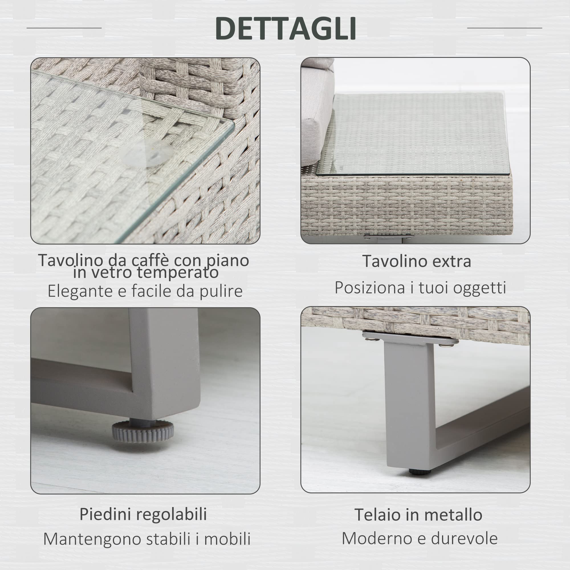 Outsunny Set Giardino Esterno, Salotto da Giardino, Set Divani da Esterno con Tavolino da Giardino, Mobili da Giardino in Rattan Grigio