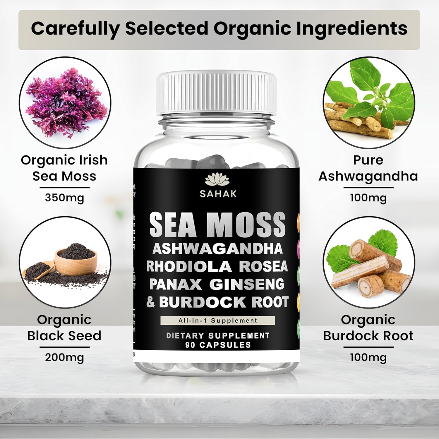 SAHAK Organic Sea Moss Capsules with Ashwagandha, Rhodiola, Panax Ginseng & Burdock Root – 90 Vegan Capsules, Lab Tested | Irish Sea Moss Complex for Daily Wellness, Energy & Skin Support - Image 2