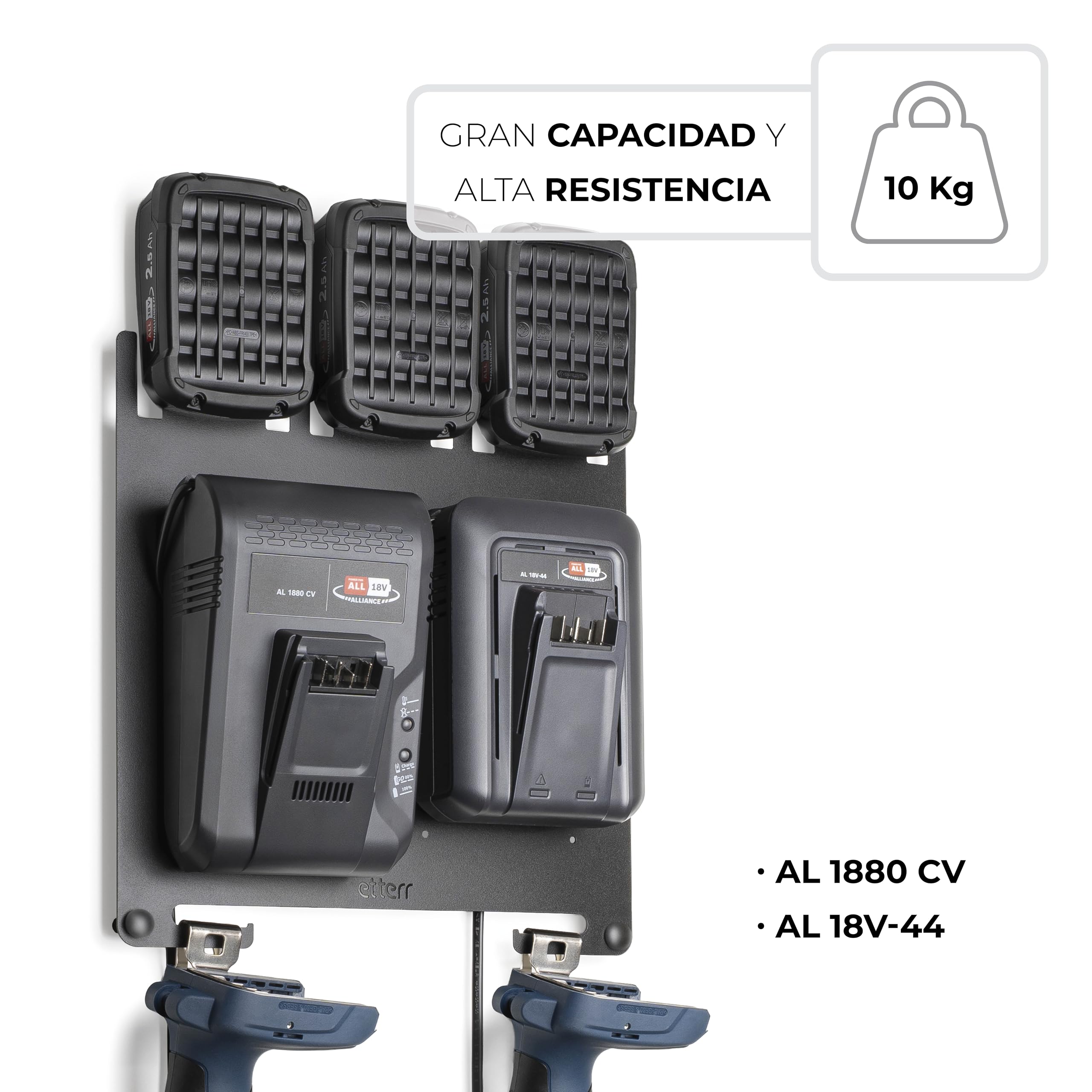 • Metalowy uchwyt ścienny do akumulatorów i ładowarek Bosch Home & Garden 18 V • kompatybilny z AL 1880 KM, 1830 KM i 18 V-44 • stacja ładująca • Panel narzędzi i wieszak na wiertarki