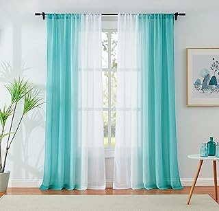 Teal Ombre Chiffon Sheer Window Curtain Panels 63 Inch Long Crinkle Voile Sheer Curtains for Living Room Kids Room, Set of 2 Gradient Window Crushed Treatment Drapes Bedroom, Rod Pocket 52