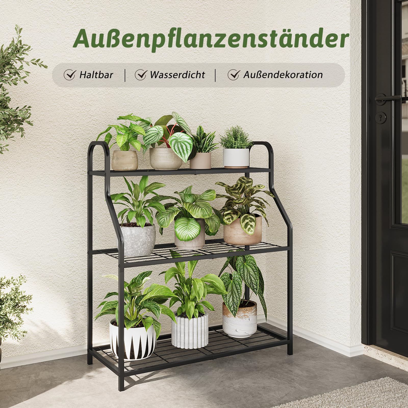 Bamworld Pflanzenständer Schwarz Metall Wetterfestes Pflanzenregal für Innen und Außen, Pflanztisch für Blumen und Kräuter, robuster Blumenständer mit 3 Ebenen