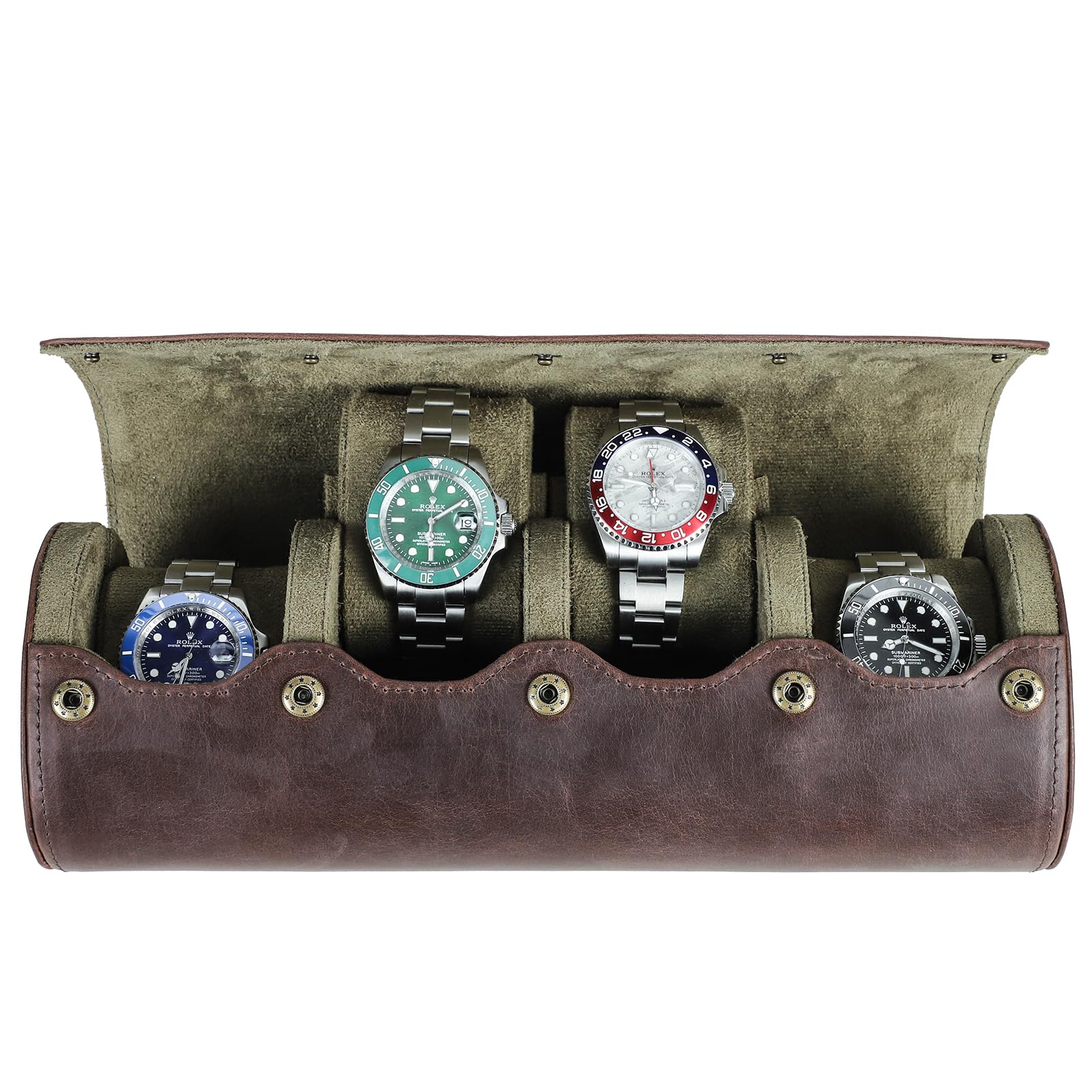 HVMBEUGOS Hiram Watch Roll Case, Genuine Leather Watch Storage Box 4 Watches Travel Case With Removable Cushion Portable Watch Protective Organizer