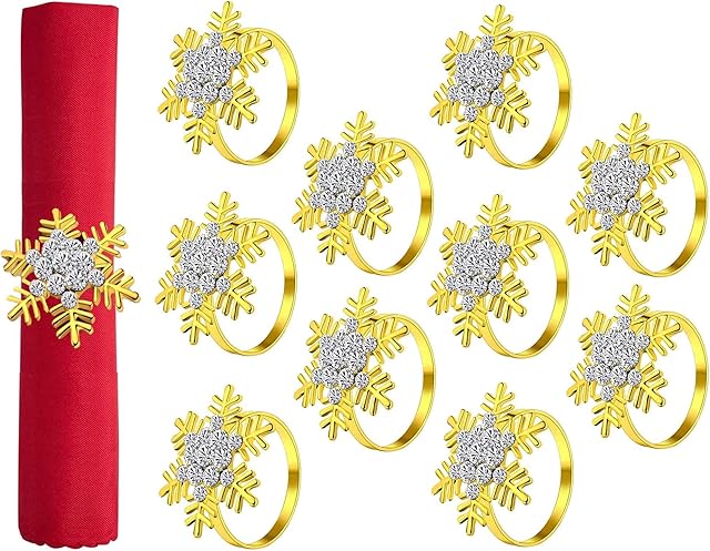 KAHEIGN 10Pcs Christmas Napkin Rings, Gold Snowflake Napkin Holders Xmas Napkin Buckle with Rhinestone for Christmas Lunch Thanksgiving Party Holiday Wedding Table Decoration (4.5cm x 4.5cm)
