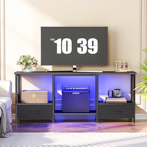Miniatura 3 de HOOBRO Soporte de TV LED con almacenamiento, centro de entretenimiento LED con estantes abiertos y cajón, se adapta a televisores de hasta 55