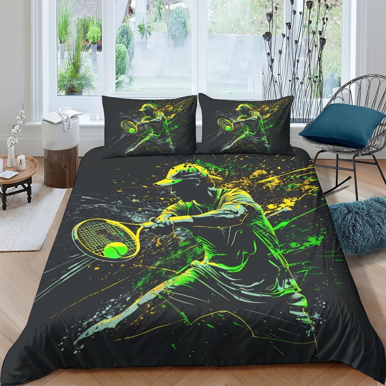 Ctjqhvkz Style-9 3D Printed Neon Tennis Player Fitted Sheet Microfiber Soft Breathable Abstract Bed Cover For Bedroom Dorm Decor Single（135X200cm）