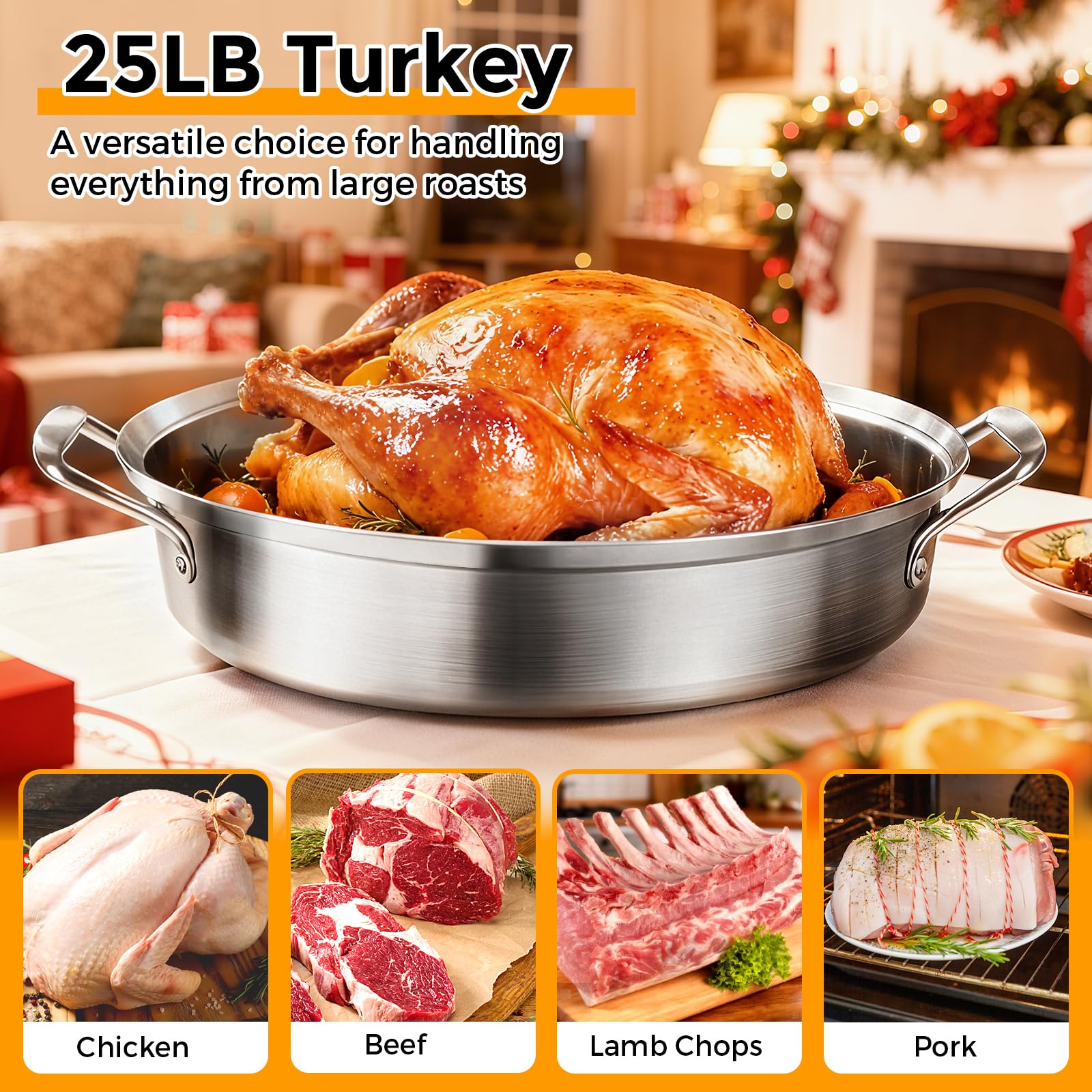 Sartén grande para asar con estante y tapa, regalos para mamá, mujer, esposa, tostadora ovalada grande de acero inoxidable, utensilios de cocina antiadherentes para pollo y pavo, 21 pulgadas