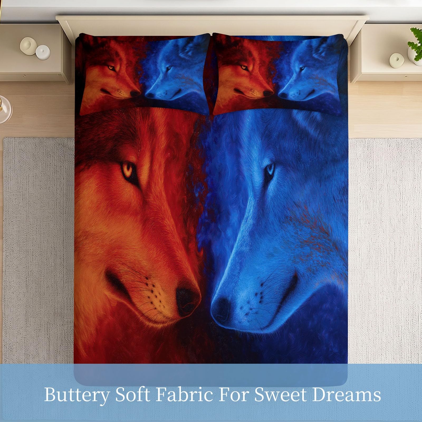 Juego de 3 sábanas bajeras ajustables de 140 x 200 cm para cuna, sábana bajera de fantasía de microfibra transpirable, sábana bajera con diseño de animales, hielo, fuego, lobos y 2 fundas de almohada