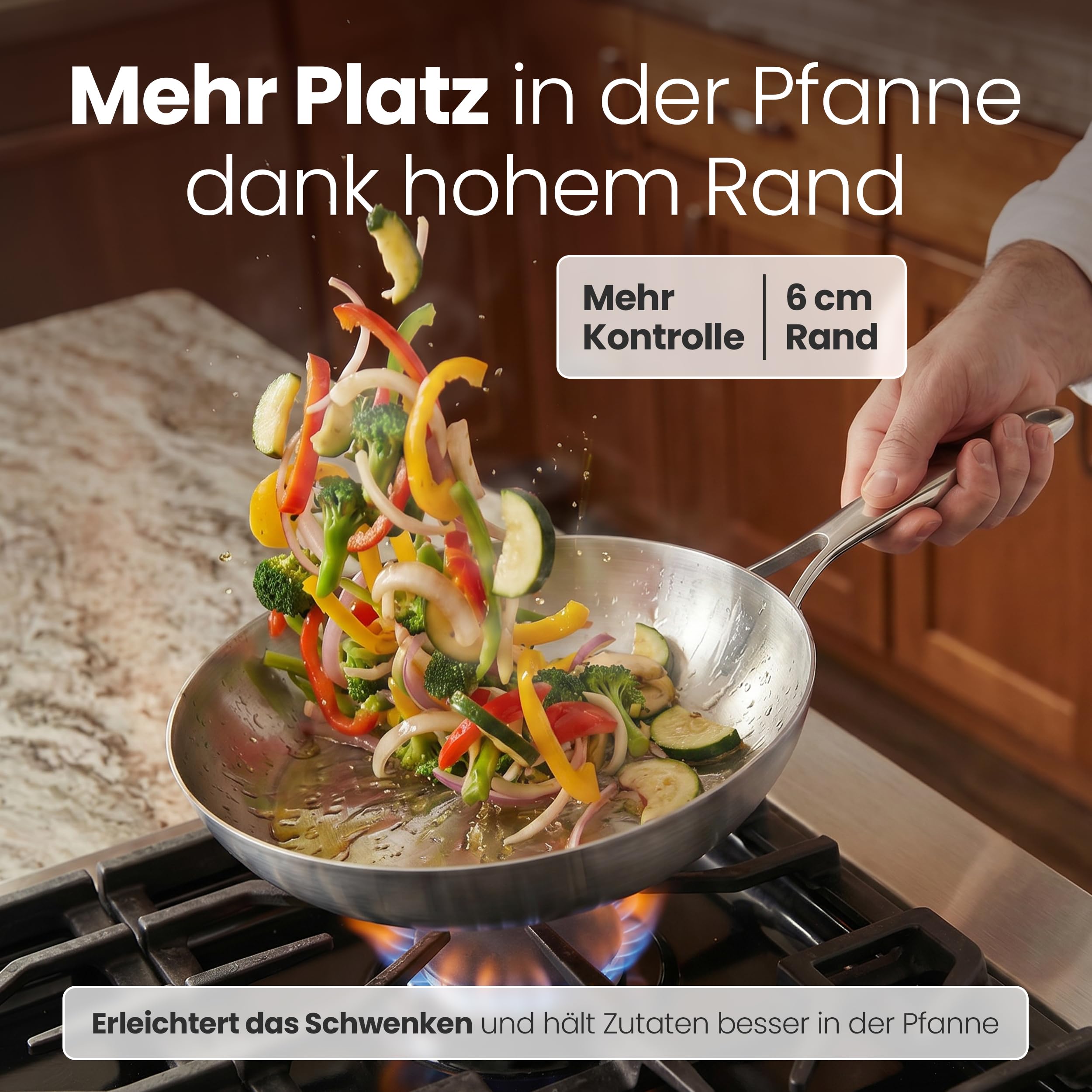 Edelstahlpfanne Unbeschichtet - Induktion - Profi Bratpfanne 24cm - Perfekt als Steakpfanne & Pastapfanne ohne Beschichtung - Brat- Universalpfanne frei von PFOA, PTFE & PFAS - Ofenfest