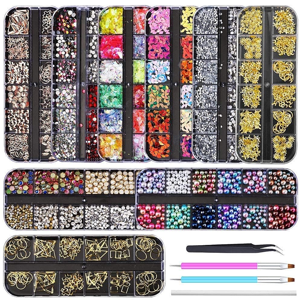 TazweeqNail Jewelry Set, 9 Boxes Nail Rhinestones, Nail Art Metal Rivets Gemstone Jewelry DIY Crafts Design Supplies Nail Decorations Kits, 3D Nail Art Decorations Kit with 1 Tweezers and 3 Pen