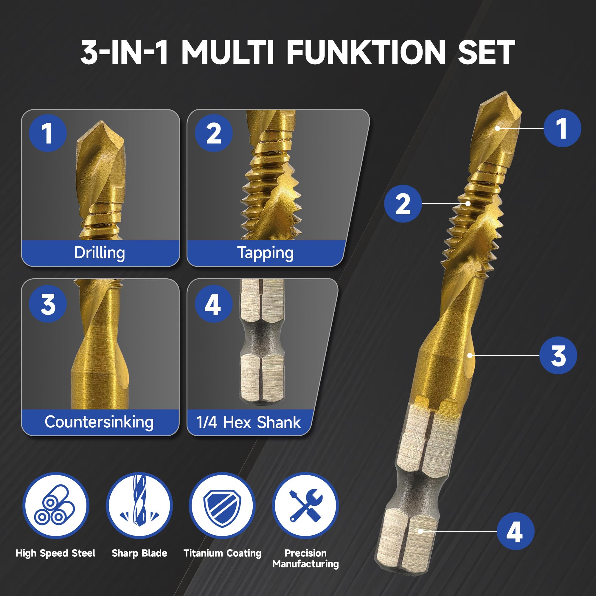 Drill & Tap Set - 6 Pcs Combination Threading Tools -3