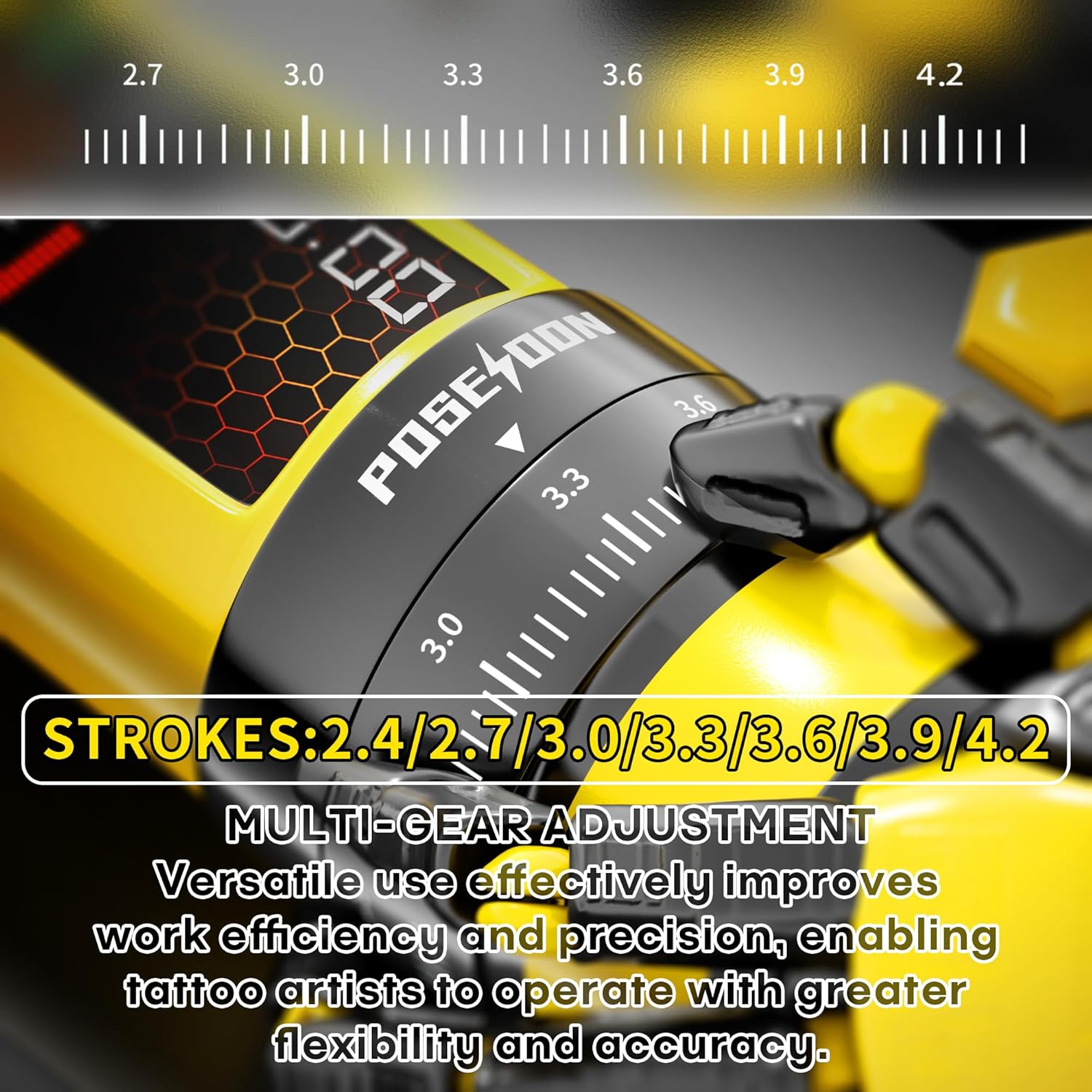 Close-up of the POSEIDON Wireless Tattoo Pen stroke adjustment dial