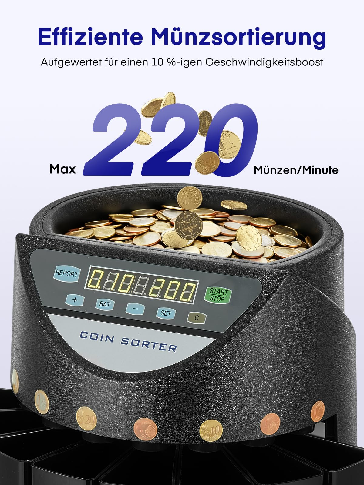 Münzzähler Euro Sortierer, Geldzählmaschine Münzen Sortierer 800 Münzen Kapazität, Münzen Zählmaschine mit 8 Auffangboxen, münzzählmaschine für Schulladenbank, schwarz, U-Bahnen