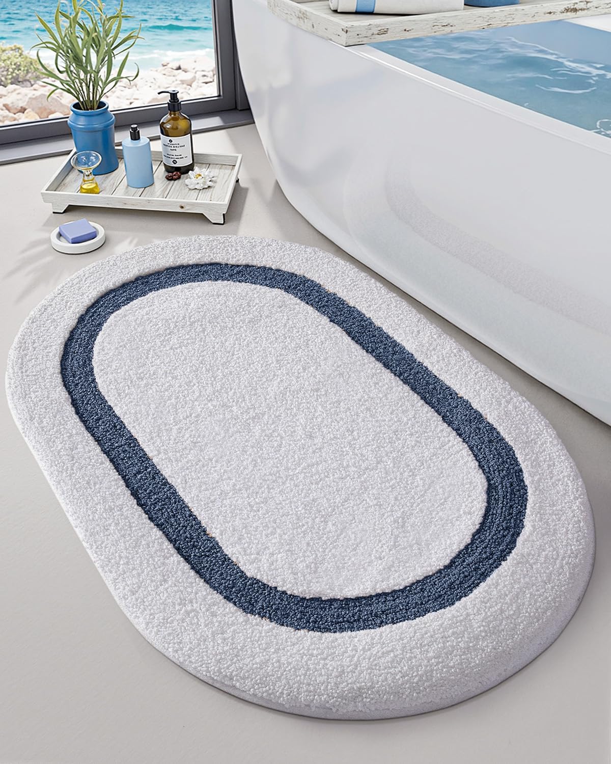 LUMI White Bath Mat Oval Bathroom Rug, 24x36 Non Slip Washable Bathroom Mats, Soft Absorbent Bath Rugs with Quick Dry Microfiber for Shower Floor, White and Navy Navy 24"x36"?Oval?