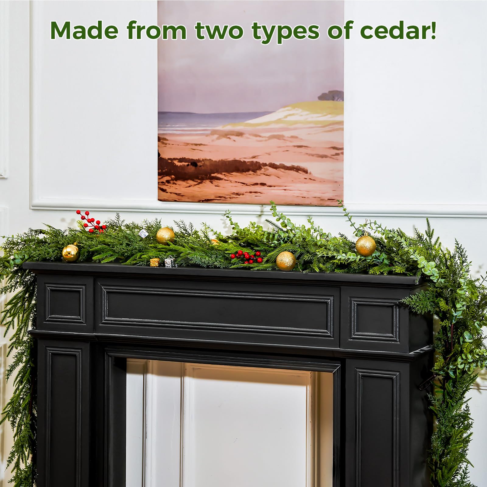 9ft Künstliche Eriksen Zypresse Girlanden, Kunst Tannengirlande Grün Fichte Kiefernadeln Girlande für Tisch Treppe Kamin, Weihnachts Festdekoration (Eriksson Cypress,9 FT)
