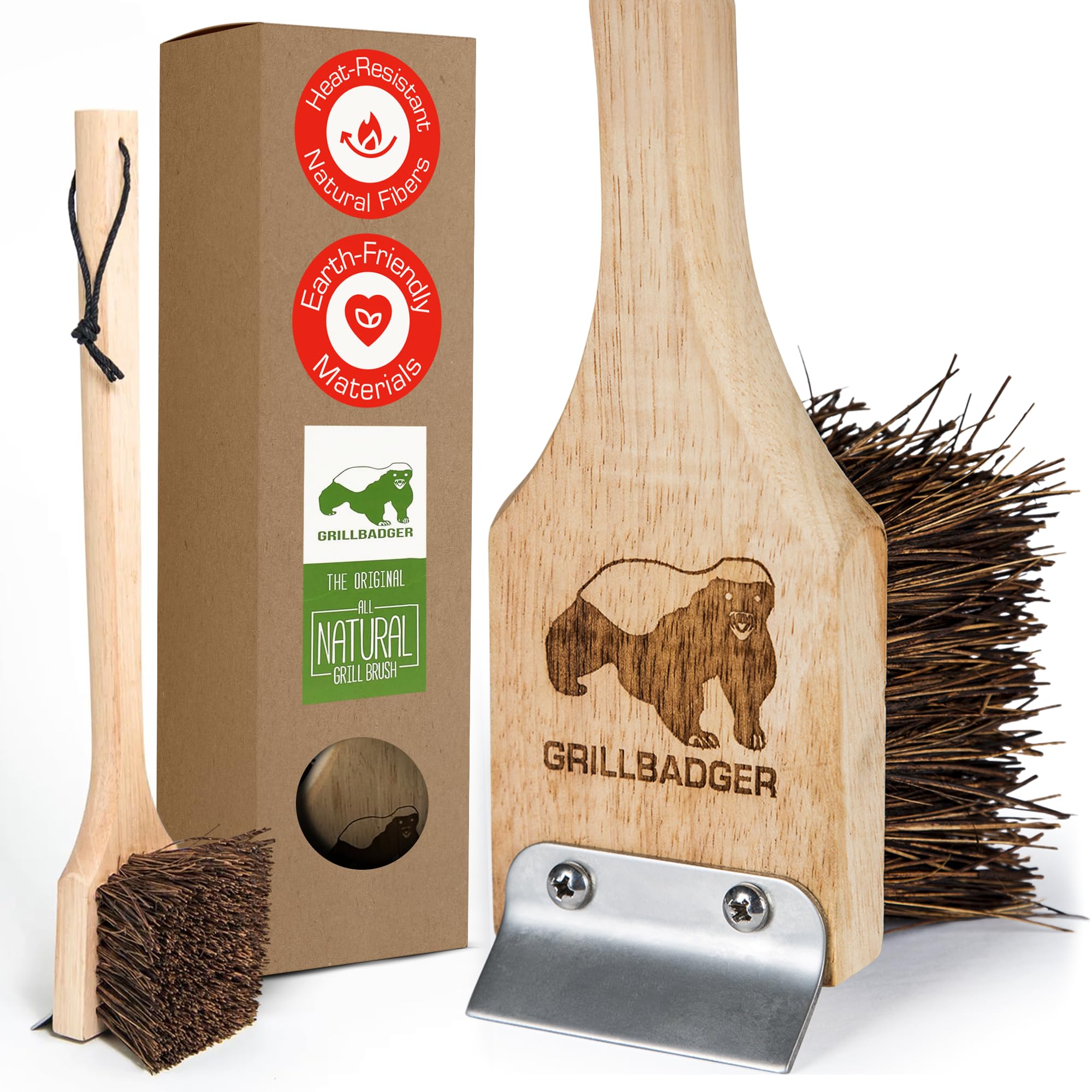 The Original Non Metal Grill Brush for Outdoor Grill | High Temp Heat Resistant BBQ Cleaning Brush | Long Lasting Wooden BBQ Cleaner with Scraper, Safe for Cast Iron Grates - Natural Wood