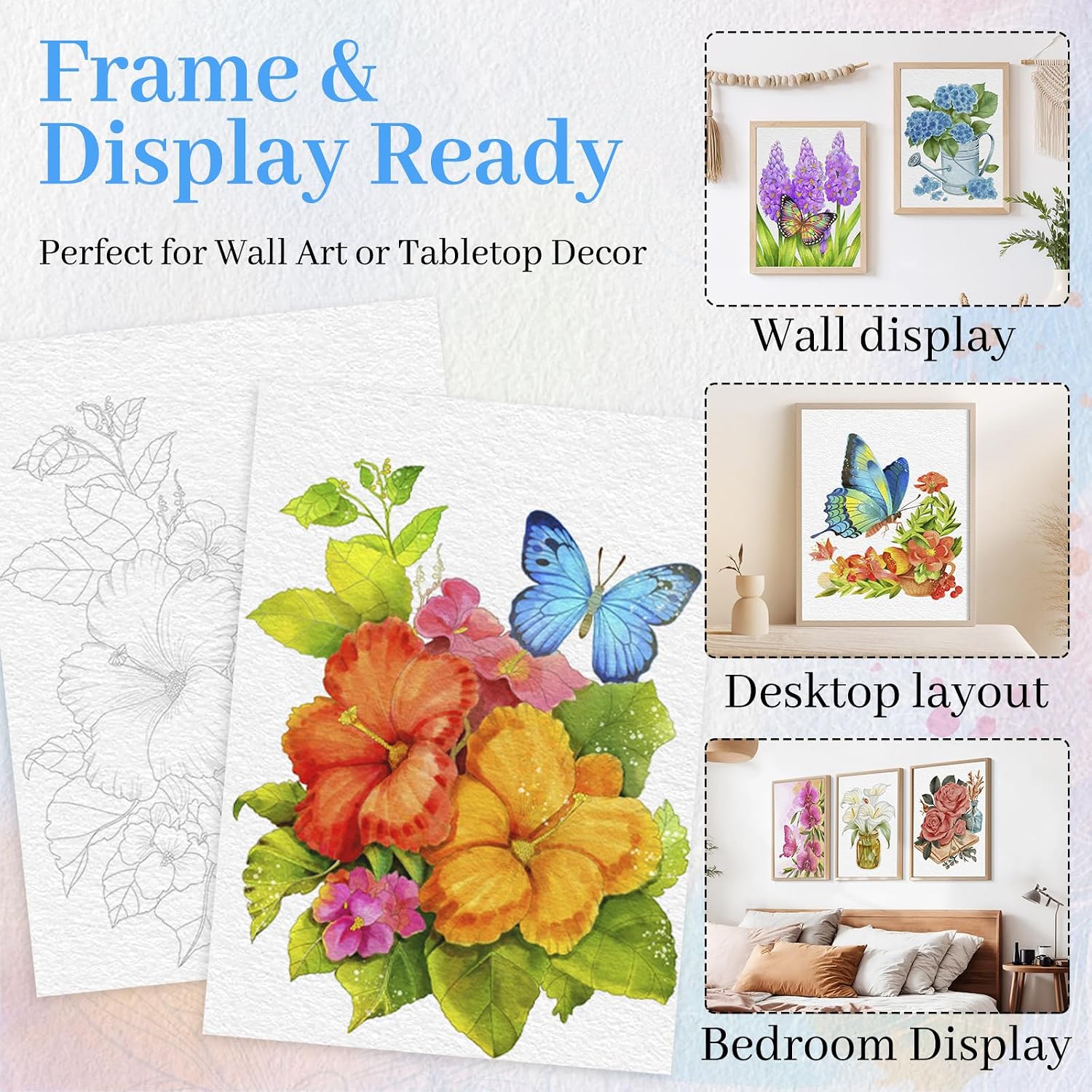 2Pack Watercolor Coloring Book for Adults + 36 Color Watercolor Set: 24 Unique Patterns, 100% Cotton 300gsm A4, for Beginners & Advanced to Enhance Techniques, Gift for Women(Plant & Butterfly)